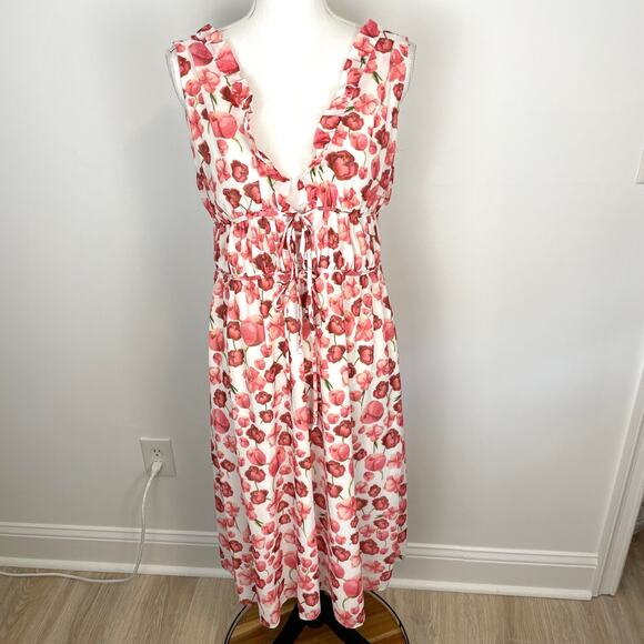 SIPOS NEW YORK Strawberry Floral Midi Dress In White Pink Size Large - Picture 4 of 14